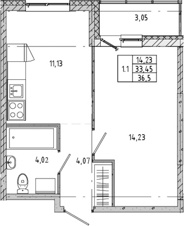 1-комнатная квартира 33.55 м², 4/12 эт., ЖК «Новые горизонты 2»